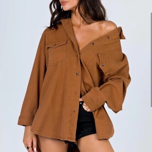 Princess Polly Tops - Princess Polly Neve Oversized Shacket Top Brown NEW